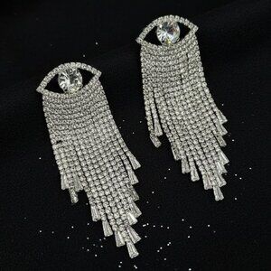 NEW Natasha Silver Statement Rhinestone Eye Fringe Dangle Earrings - Sparkle!